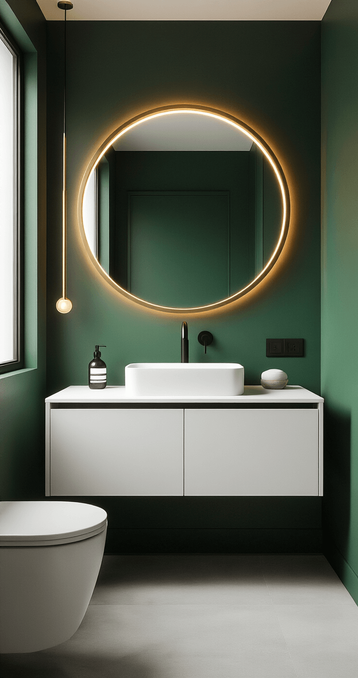 Ultra-modern half bathroom featuring a minimalist floating vanity with a matte black faucet against a deep forest green wall, accented by a brass-framed circular mirror and ambient LED lighting, set on polished concrete floors with white porcelain fixtures and natural light from a frosted window.