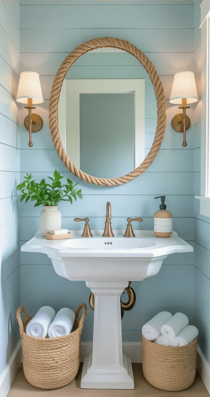 Coastal-inspired half bathroom featuring soft blue shiplap walls, vintage pedestal sink, brass sconces, a round mirror with nautical rope, and natural decor elements like a woven basket and pothos plant in a light, airy setting.