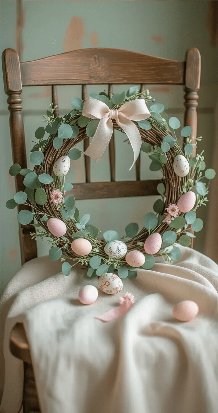 Close-up of an Easter wreath on an antique wooden chair, featuring pastel fabric eggs, eucalyptus, and porcelain eggs, with a textured linen tablecloth and soft, ethereal lighting.