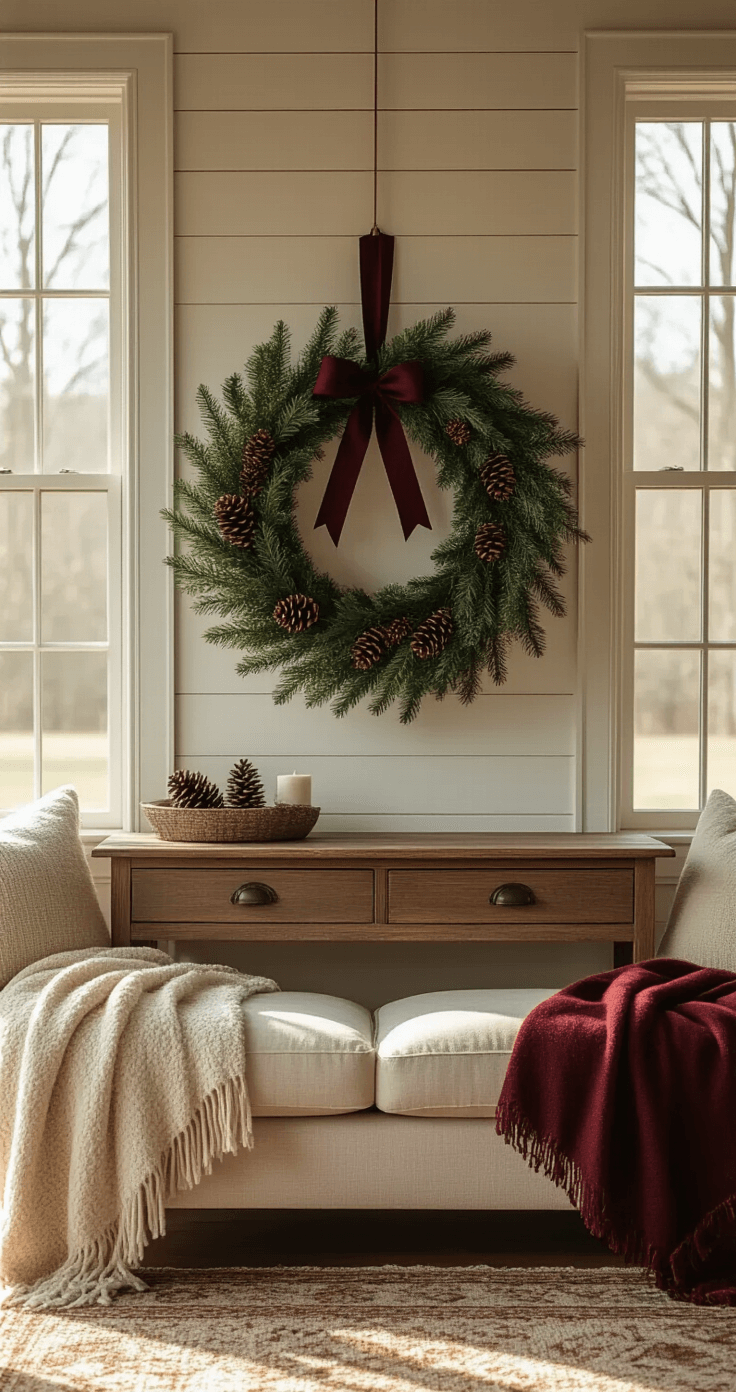 A cozy living room featuring a handmade holiday wreath on a shiplap wall above a vintage console table, with soft natural light illuminating a Persian rug and a linen sofa adorned with throw blankets.