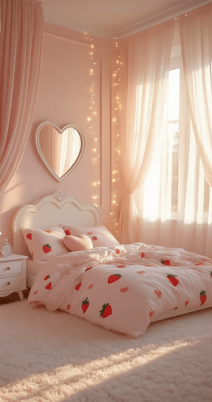 Ultra-detailed soft girl bedroom with pastel pink walls, heart-shaped mirror, and strawberry print bedding, bathed in warm golden hour light streaming through sheer pink curtains, featuring white fairy lights and plush cream carpet, captured in 8k photorealistic quality.