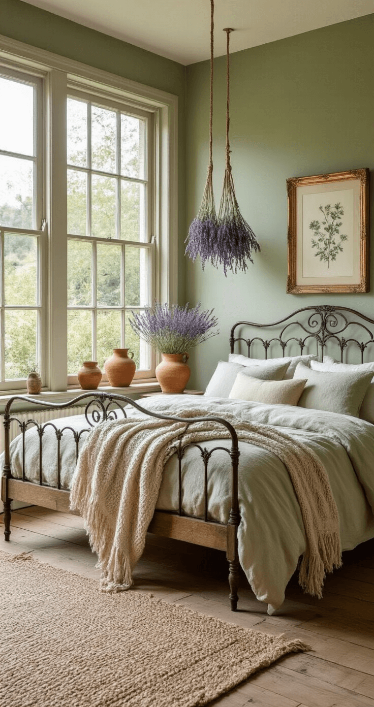 A serene cottagecore bedroom bathed in natural light, featuring a vintage wooden bed with an ornate wrought iron frame against muted sage green walls. Dried lavender bundles hang decoratively, and botanical watercolor prints in antique gold frames adorn the walls. The space is completed with cream and sage linen bedding, a hand-knitted wool throw, and terracotta vases filled with fresh wildflowers. The wide wooden floorboards are softened by a jute area rug, and a large cottage window reveals a picturesque English garden. The image captures a warm, natural color palette with soft focus edges and hyper-detailed textures, emulating Leica photography style.