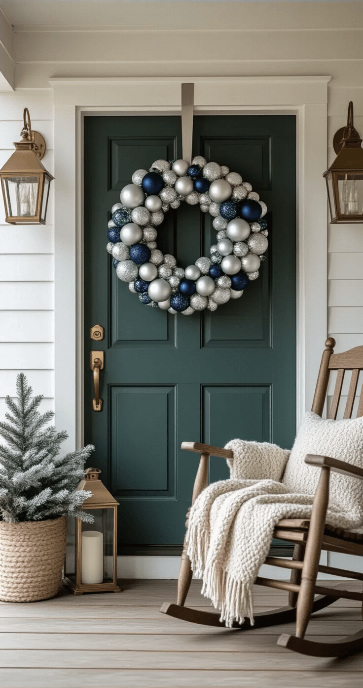 A beautifully styled rustic front porch featuring an elaborate navy, silver, and white ornament wreath hanging slightly off-center on a deep green wooden door, with aged brass lanterns, wooden plank flooring, and a vintage rocking chair draped with a woven wool throw, all illuminated by soft winter light.