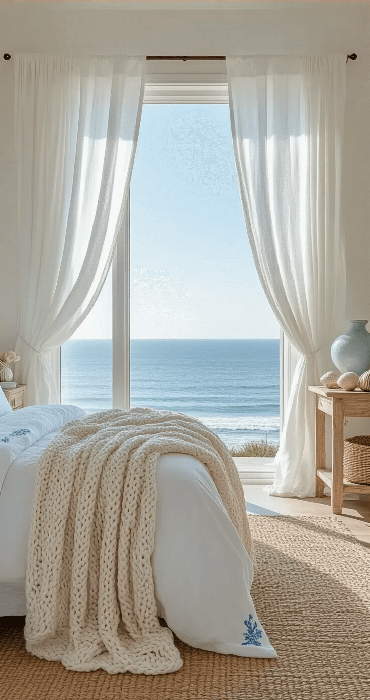 A serene coastal grandma bedroom featuring expansive ocean views, pale blue and white decor, weathered oak furniture, and plush bedding, with soft white linen curtains and a knitted throw, illuminated by natural sunlight.