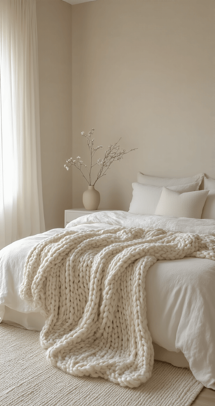 Minimalist bedroom with a beige and off-white color scheme, featuring a pristine white bed with an oversized chunky knit throw, delicate lace curtains, minimal white furniture, natural wood accents, and ceramic vases with single stem flowers, all bathed in soft morning light.