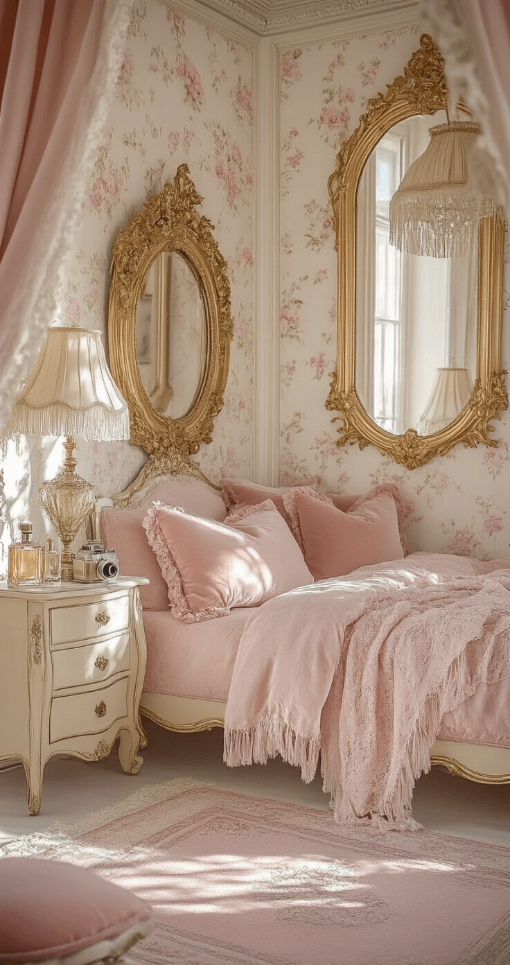 A coquette aesthetic bedroom featuring ornate gold-framed mirrors, soft pink velvet cushions, vintage cream floral wallpaper, antique-style furniture, fringed lampshades, a collection of vintage perfume bottles, delicate lace curtains, and a plush blush area rug, all illuminated by soft afternoon light for a dreamy atmosphere.