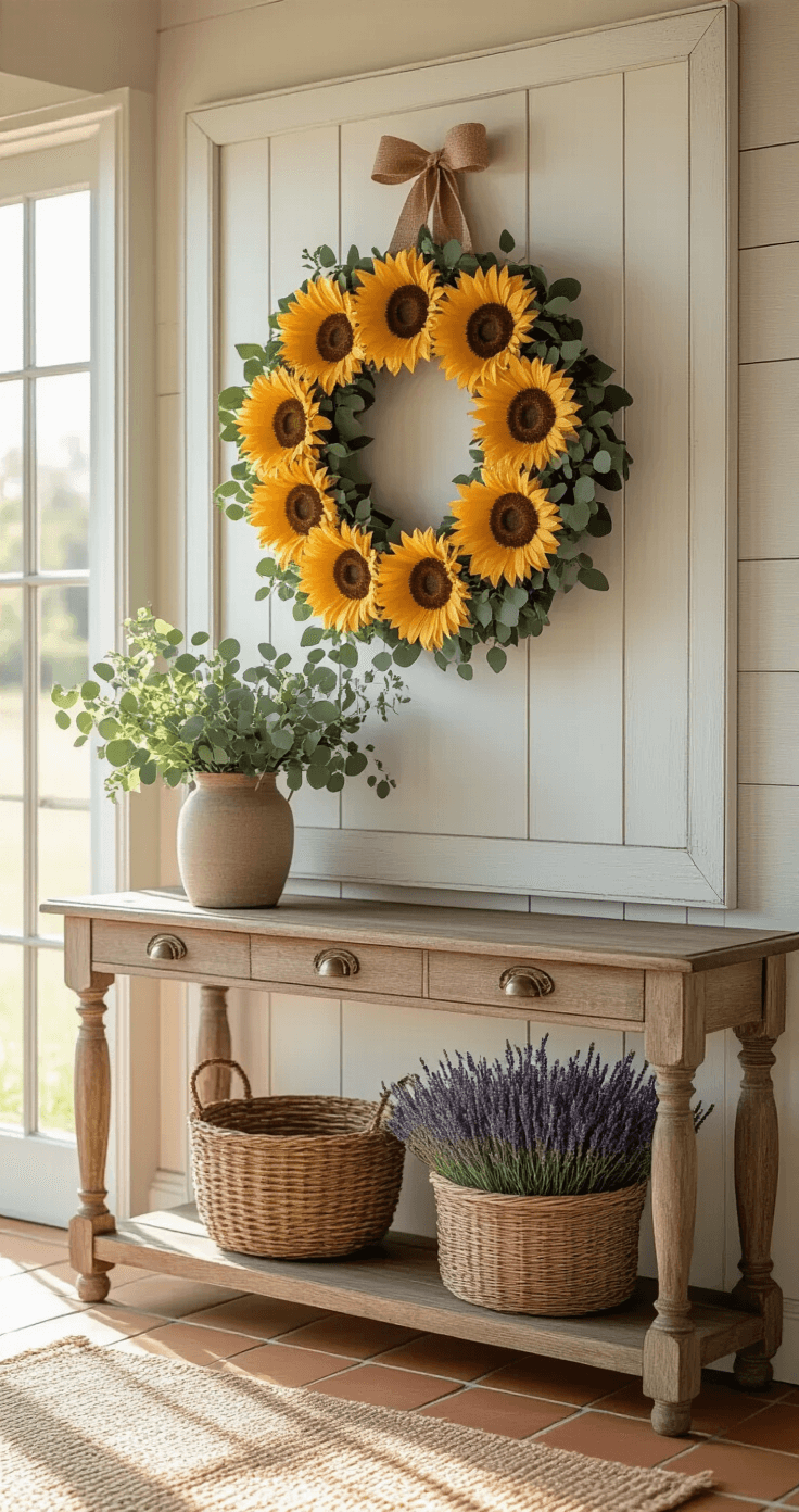 Ultra-realistic entryway of a farmhouse with warm light, featuring a sunflower wreath on a weathered white door, eucalyptus greenery, burlap bow, vintage wooden console table, and lavender basket, captured in golden hour lighting.