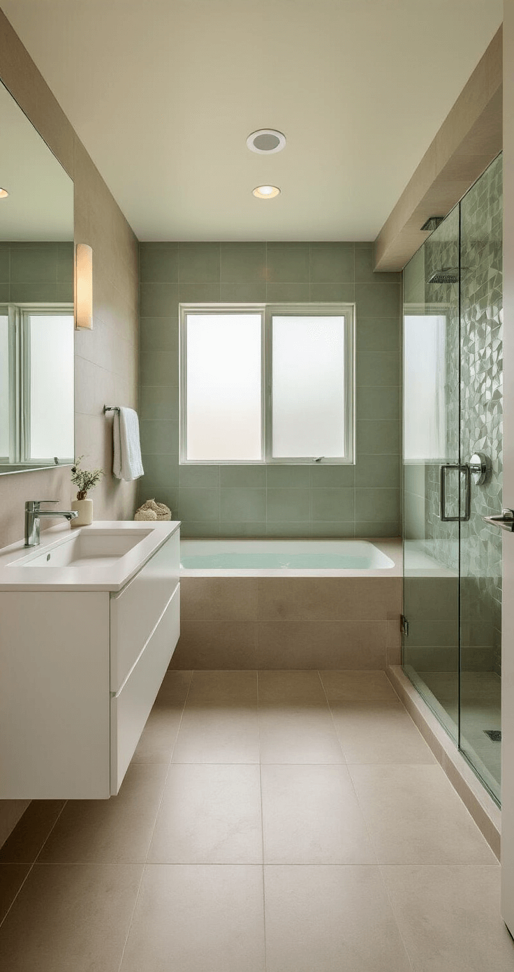 Ultra-modern master bathroom featuring frosted windows allowing soft natural light, expansive greige porcelain floor tiles, a minimalist white floating vanity, a frameless glass shower with slate-gray tiles, chrome fixtures, and a subtle sage green mosaic accent wall, all showcasing high-end architectural details and clean lines.