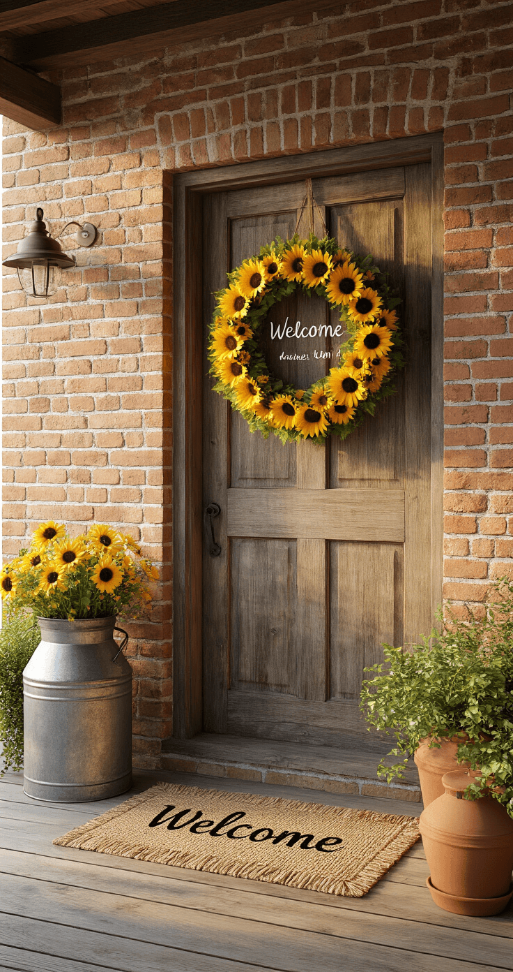 Rustic outdoor porch featuring an exposed brick wall and a reclaimed wood front door adorned with a sunflower wreath. A vintage metal milk can with wildflowers rests beside terracotta plant pots filled with trailing greenery. A woven welcome mat in muted earth tones lines the space, all illuminated by warm golden afternoon light that highlights the wreath's texture and vibrant silk sunflowers.