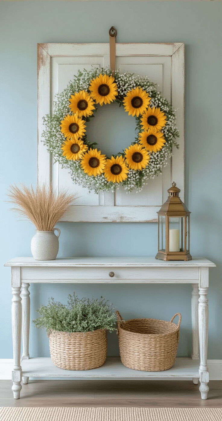 Elegant entryway with soft blue-gray walls, sunflower wreath on a distressed white door, vintage brass lantern on a slim console table, and calming coastal decor, captured from a lower angle to highlight the wreath's details and the room's serene atmosphere.