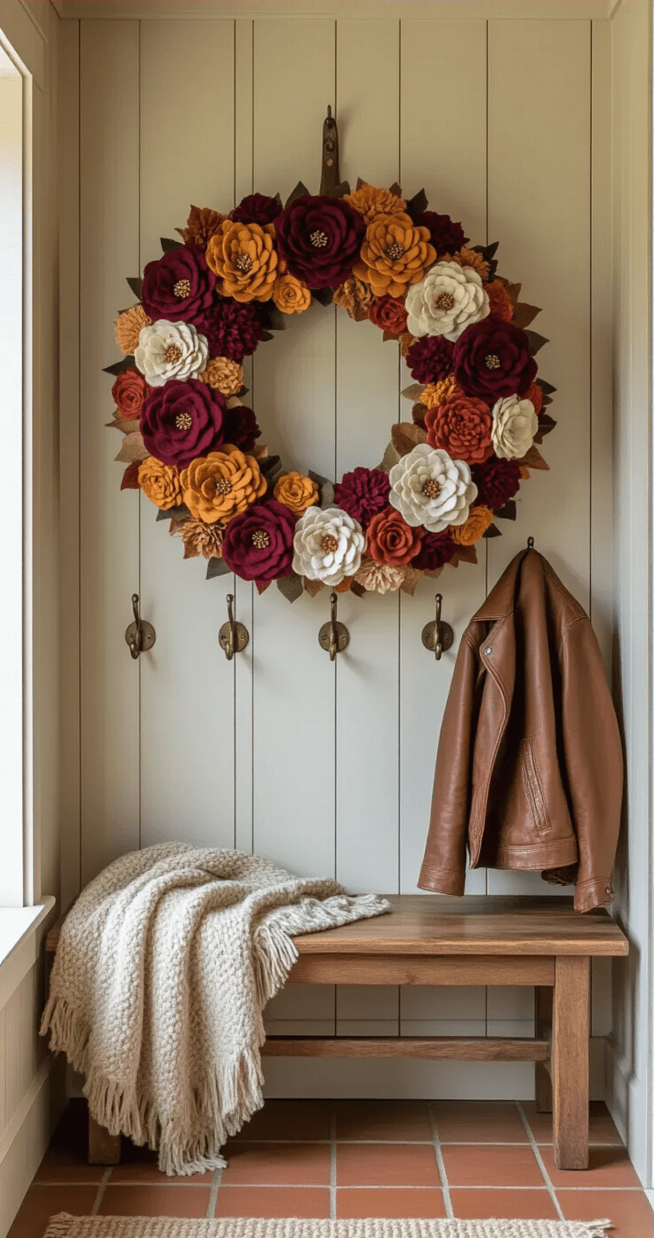 A cozy autumn-inspired mudroom featuring warm taupe shiplap walls, a vibrant felt flower wreath with burgundy, mustard, burnt orange, and cream flowers, vintage brass hooks displaying a weathered leather jacket, terra cotta floor tiles, and a textured wool throw over a wooden bench, bathed in soft golden light.