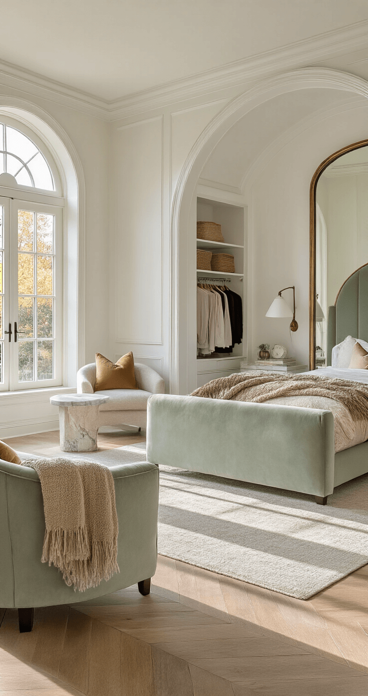 A luxurious bedroom featuring creamy white walls and herringbone hardwood floors, illuminated by late afternoon golden light. The diagonally positioned king-sized sage green velvet bed is complemented by an oversized arched mirror with an antique brass frame, layered neutral area rugs, and an elegant seating area with a curved accent chair and marble-top side table. A walk-in closet with organized clothing displays and modern clothing rack adds functionality, while textural elements like a boucle throw and silk pillows enhance the room's intimate yet expansive ambiance.