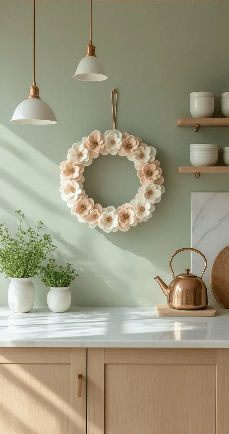 A Scandinavian-style kitchen with white marble countertops and light wood accents, featuring a minimalist felt flower wreath on a pale sage green wall, soft morning light creating shadows, open shelving with white ceramics and a copper kettle, hardwood floors, and modern pendant lights.