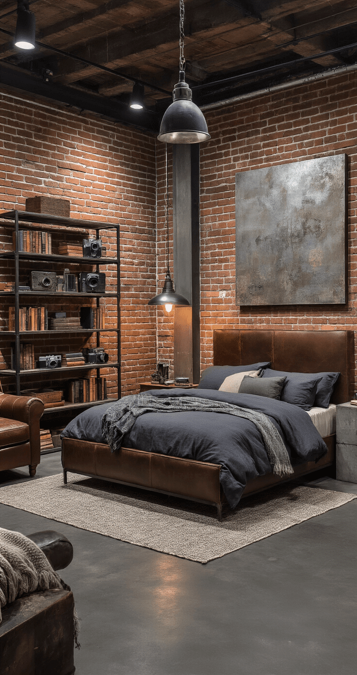 Industrial loft-style bedroom with exposed brick wall, dark concrete floor, oversized metal-frame bed with leather headboard, heavy linen bedding, and dramatic evening lighting, featuring an industrial pendant light, vintage leather armchair, open metal shelving with books and cameras, large abstract art piece, and layered textures with wool throws and leather accessories.