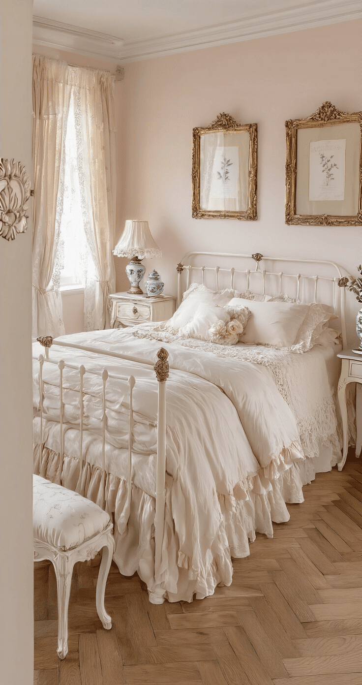 A romantic vintage-inspired bedroom featuring soft blush pink walls, herringbone oak flooring, and gentle morning light filtering through lace curtains. The antique white metal bed is adorned with ruffled silk bedding in cream and pale rose. The room is accented by ornate gold-framed mirrors, a crystal table lamp with a silk shade, and a vintage vanity with curved legs and an upholstered bench. Delicate porcelain vases and botanical prints in gilded frames enhance the elegant, nostalgic atmosphere.