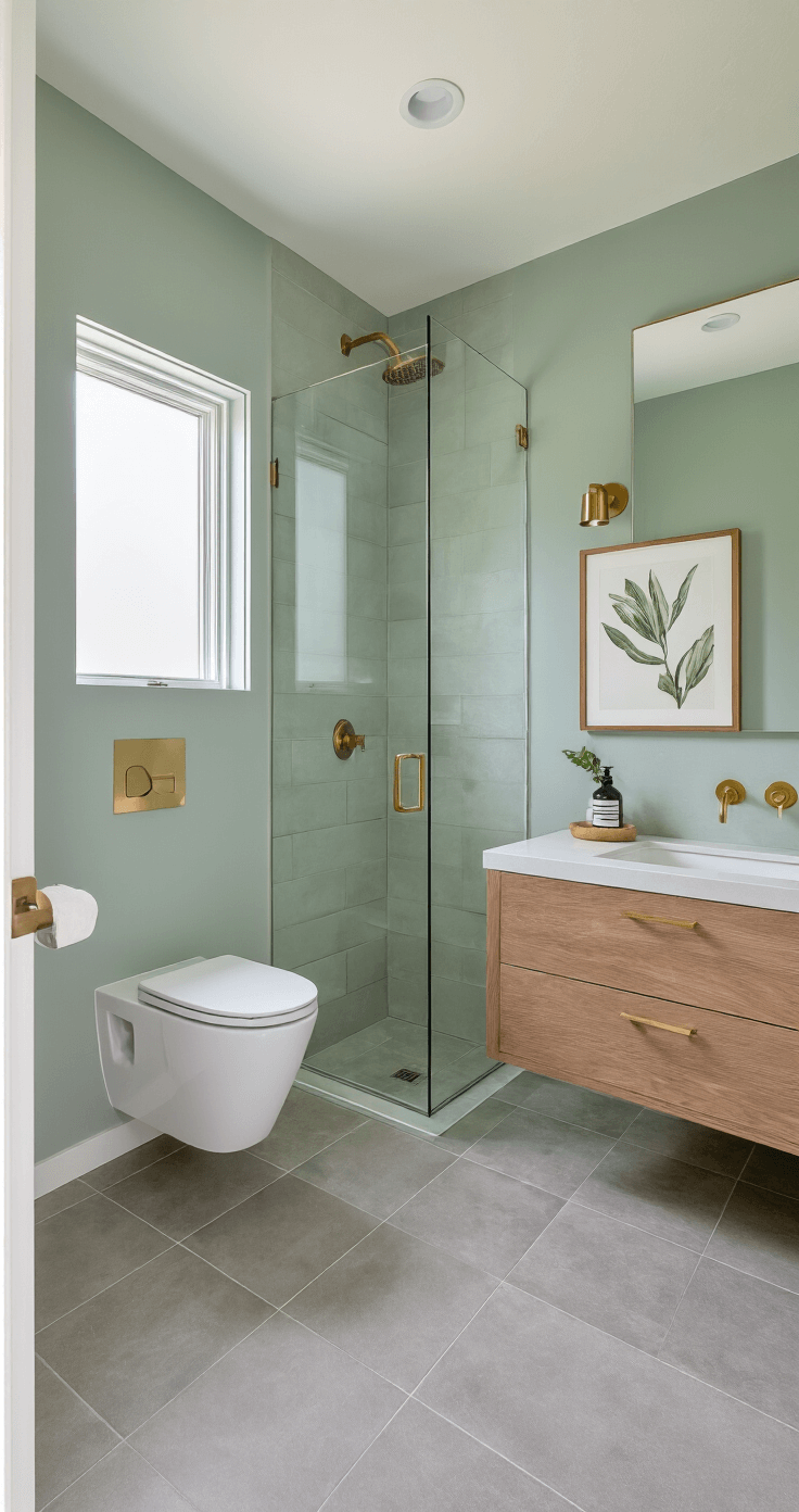 A minimalist small bathroom featuring a wall-hung toilet, floating vanity, soft sea salt green walls, large gray tiles, a frameless glass shower with corner entry, and warm natural light from a frosted window, complemented by brass hardware and a single botanical art piece, captured in high-end architectural photography style.