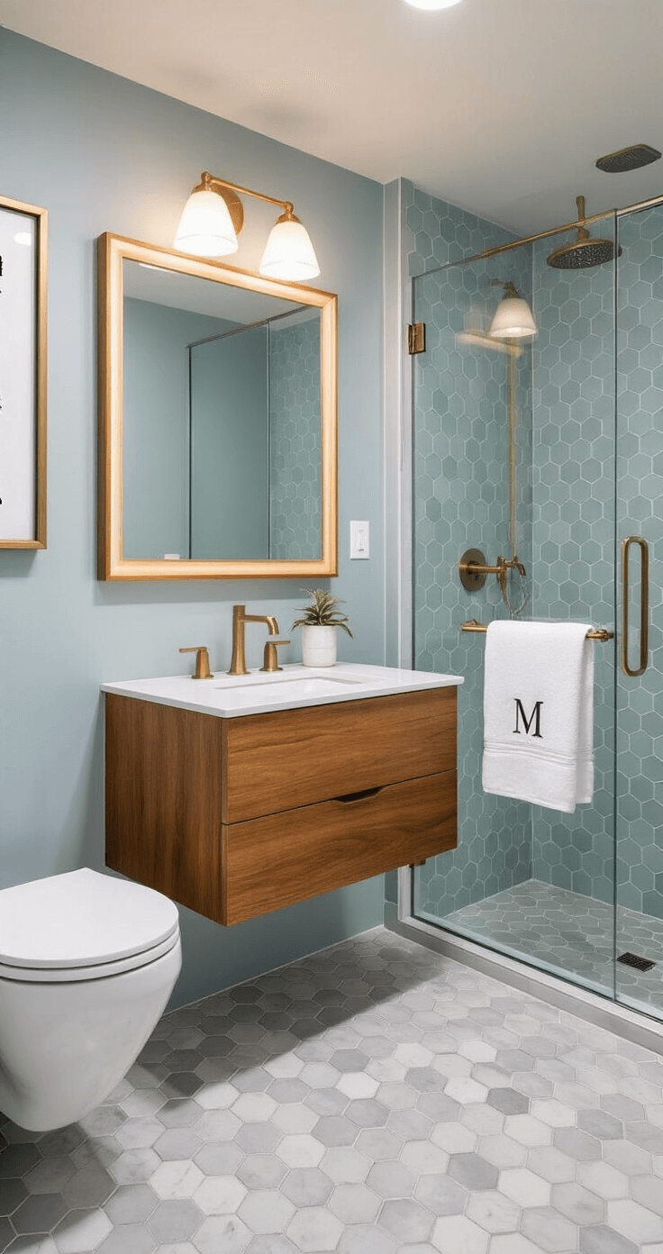 Sophisticated small bathroom featuring a wall-hung toilet, 24-inch floating vanity in warm wood, large mirror, pale blue-gray walls, hexagonal marble mosaic accent wall, frameless glass shower with linear drain, brass sconces, monogrammed towel, and modern black and white photography, viewed from a diagonal angle to enhance spaciousness.