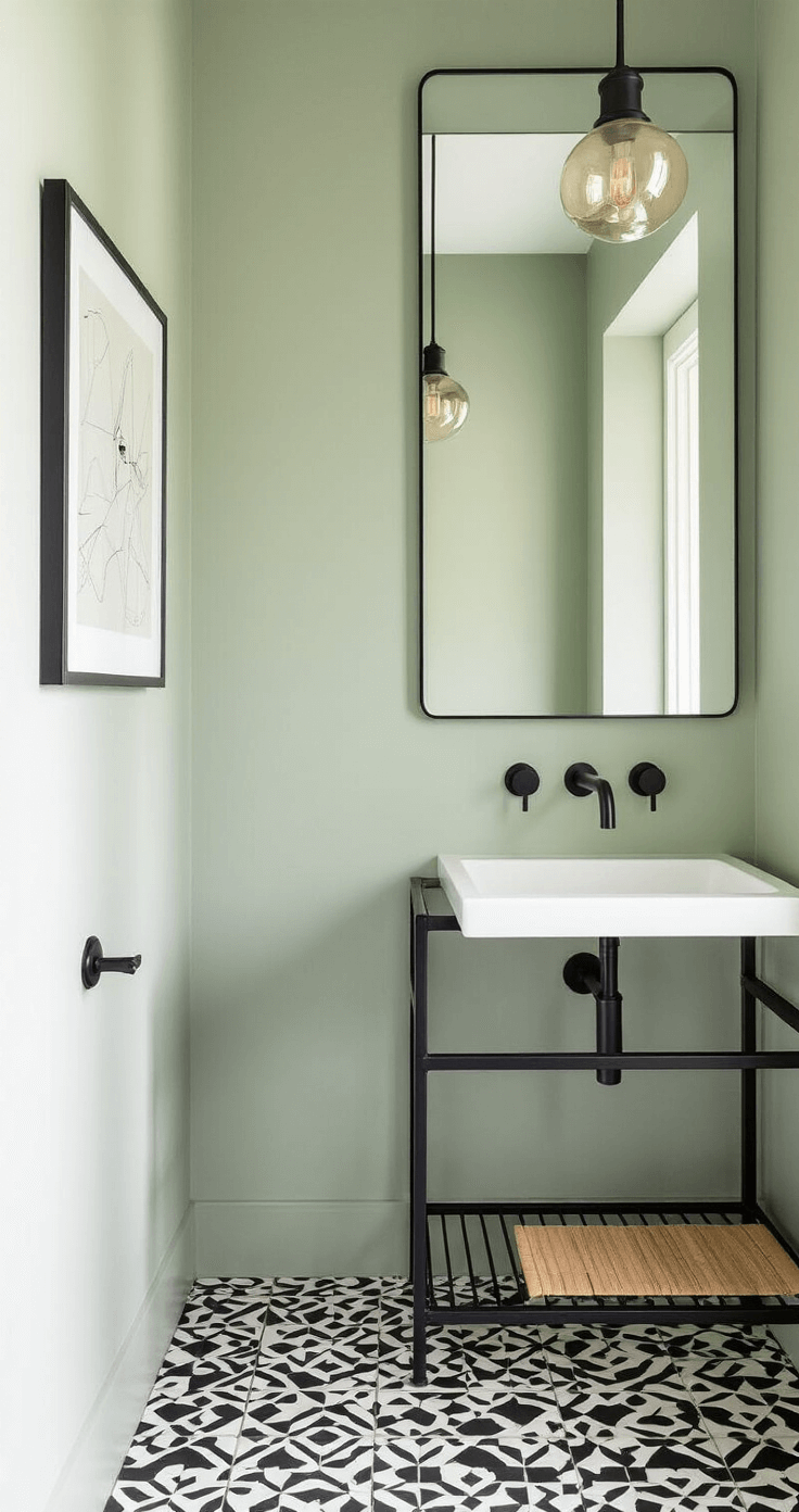 Compact powder room featuring a corner wall-hung sink with matte black fixtures, light sage green walls, and a floor-to-ceiling mirror. A narrow vertical shelving unit in brushed steel complements the geometric patterned black and white floor tiles. Soft morning light casts gentle shadows, highlighting a single statement pendant light and a minimalist black-framed art piece, all viewed from the entry perspective to emphasize spatial efficiency.