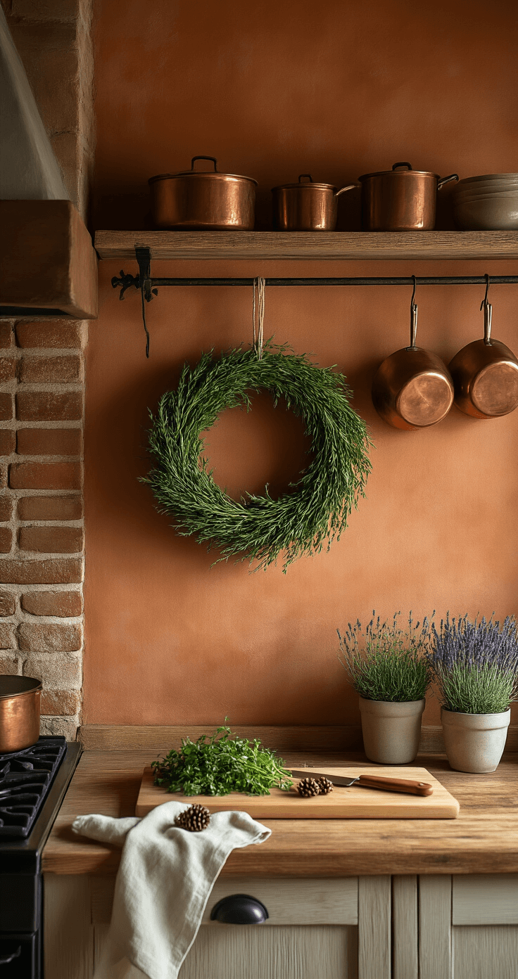 Intimate kitchen scene with handcrafted herb wreath, rustic open shelving, vintage copper pots, and warm terracotta walls, illuminated by golden hour light, showcasing organic textures and earthy colors.