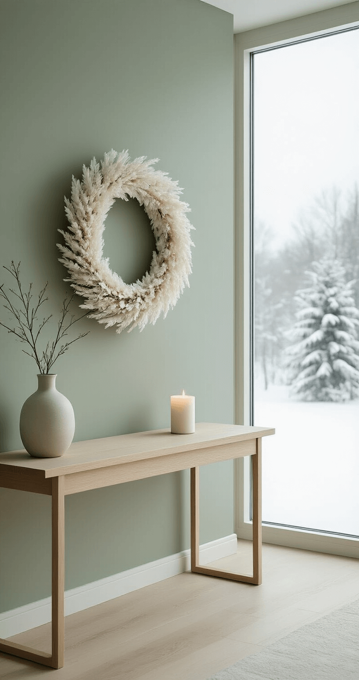 Minimalist Scandinavian interior featuring a pale sage green wall adorned with a delicate white and natural wood wreath, large floor-to-ceiling windows showcasing a snow-covered landscape, a sleek modern console table with a ceramic vase and a single white candle, all in a monochromatic color scheme of whites, soft grays, and natural wood tones.