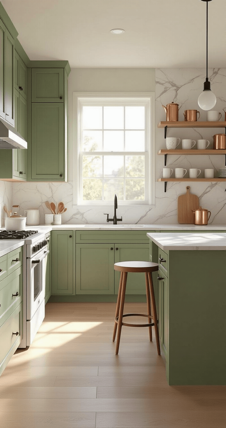 Ultra-realistic kitchen in Bloxburg featuring sage green cabinetry, white marble countertops, and warm natural lighting. The scene includes open vertical shelving with ceramic mugs and copper kitchen tools, a minimalist bar stool tucked under a compact island, and crisp morning light creating soft shadows, highlighting textural details of marble and wood grain.