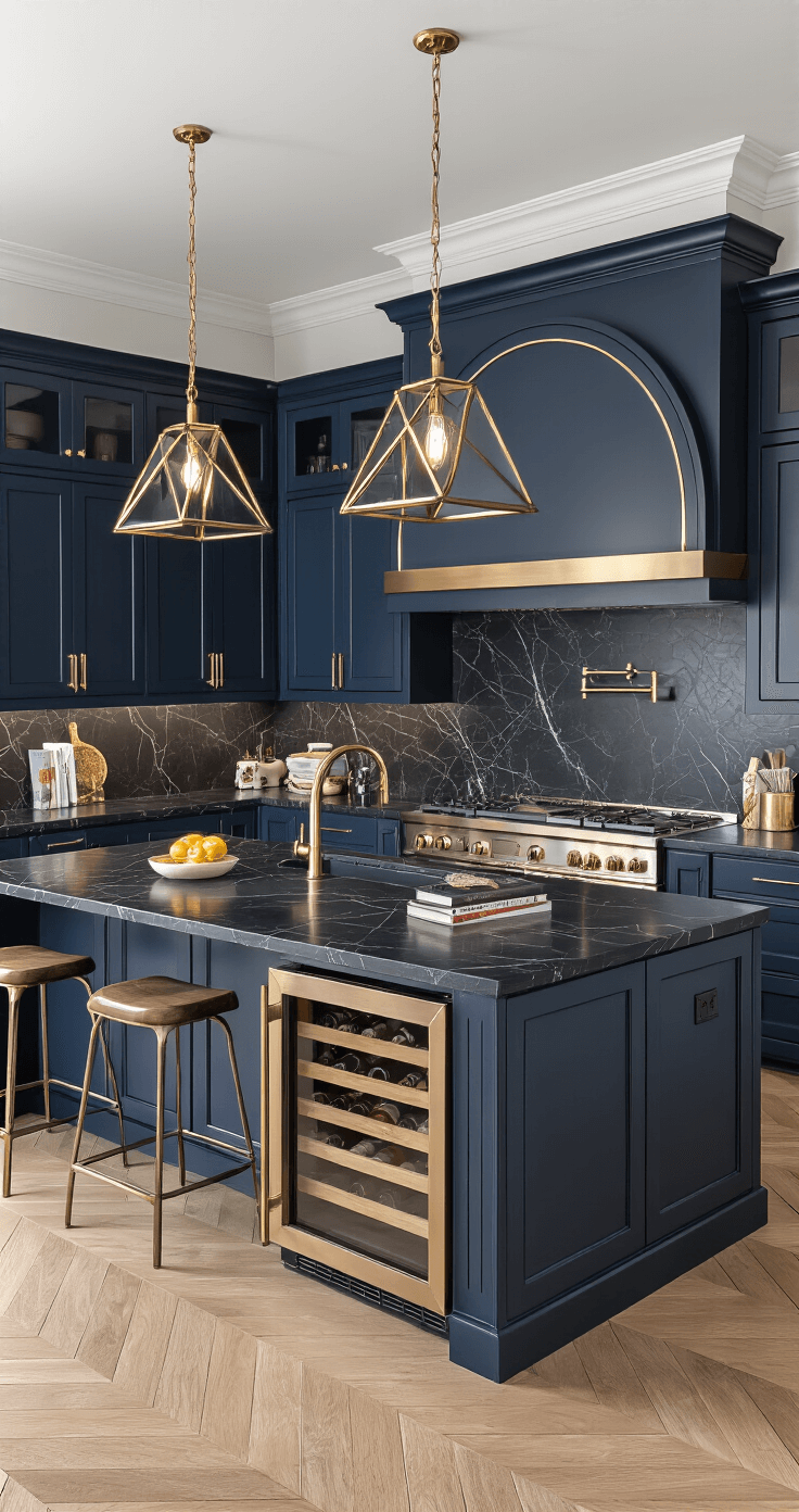 A luxurious 10x10 Bloxburg kitchen featuring navy blue custom arched cabinetry, brass-toned appliances, black marble countertops, and geometric pendant lights above a large island with a built-in wine fridge, accented by herringbone wood flooring and a professional-grade espresso machine, captured in a cinematic wide-angle shot with dramatic side lighting.