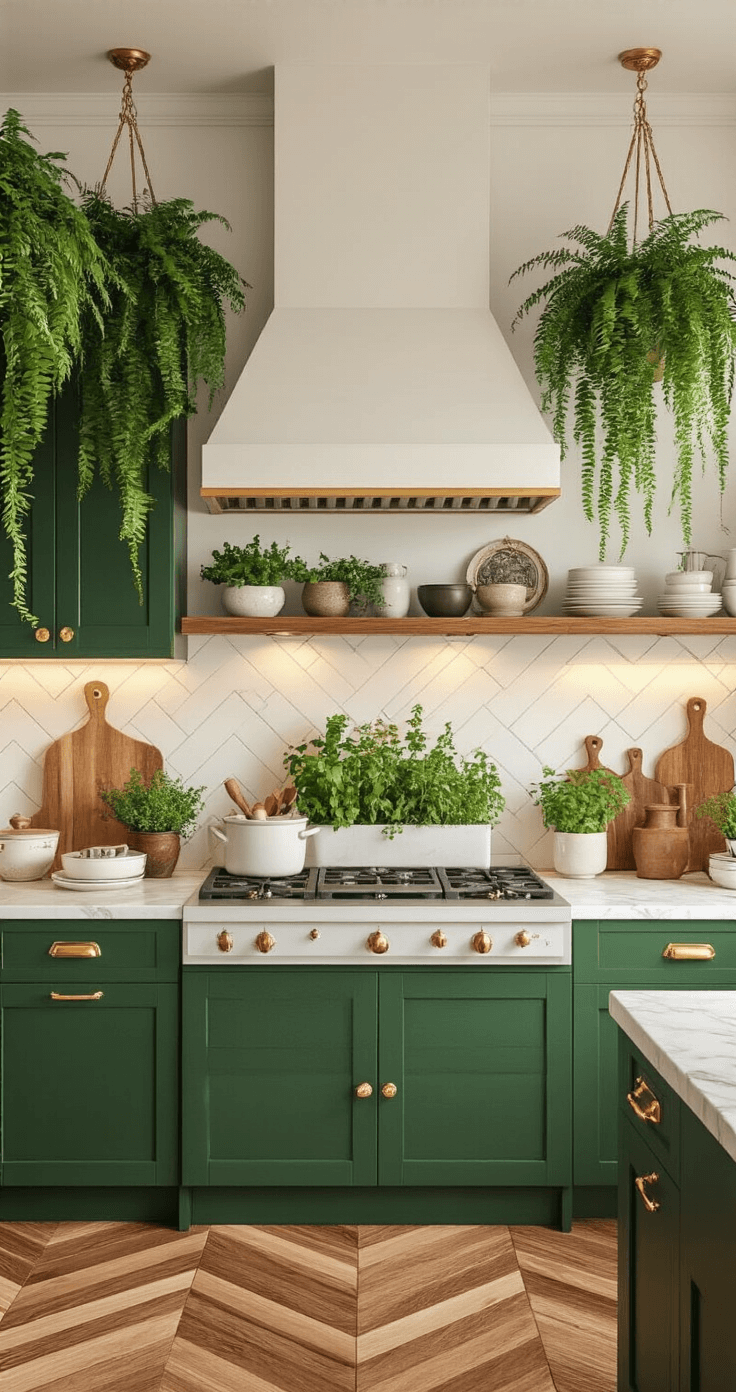 A Bohemian Bloxburg kitchen showcasing emerald green lower cabinets, white marble countertops, warm wood herringbone flooring, and gold hardware, adorned with hanging ferns and a counter herb garden, styled with artisan ceramic dishes, a pestle and mortar, and vintage cutting boards, all bathed in soft diffused lighting for a cozy atmosphere.