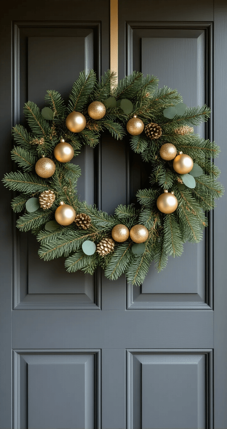 Ultra-detailed Christmas wreath on a charcoal gray wooden front door, featuring a wire frame base layered with cedar, pine, and eucalyptus, adorned with asymmetrically clustered champagne gold ornaments. Soft winter morning light casts natural shadows, highlighting the wreath's intricate textures and metallic reflections.