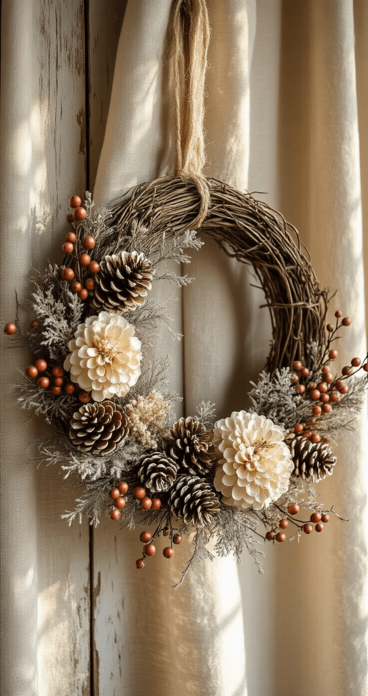 A rustic farmhouse-style holiday wreath made of a natural grapevine base adorned with white-tipped pine cones, hawthorn berries, and dried hydrangea branches, captured in soft, warm light against a distressed wooden wall.