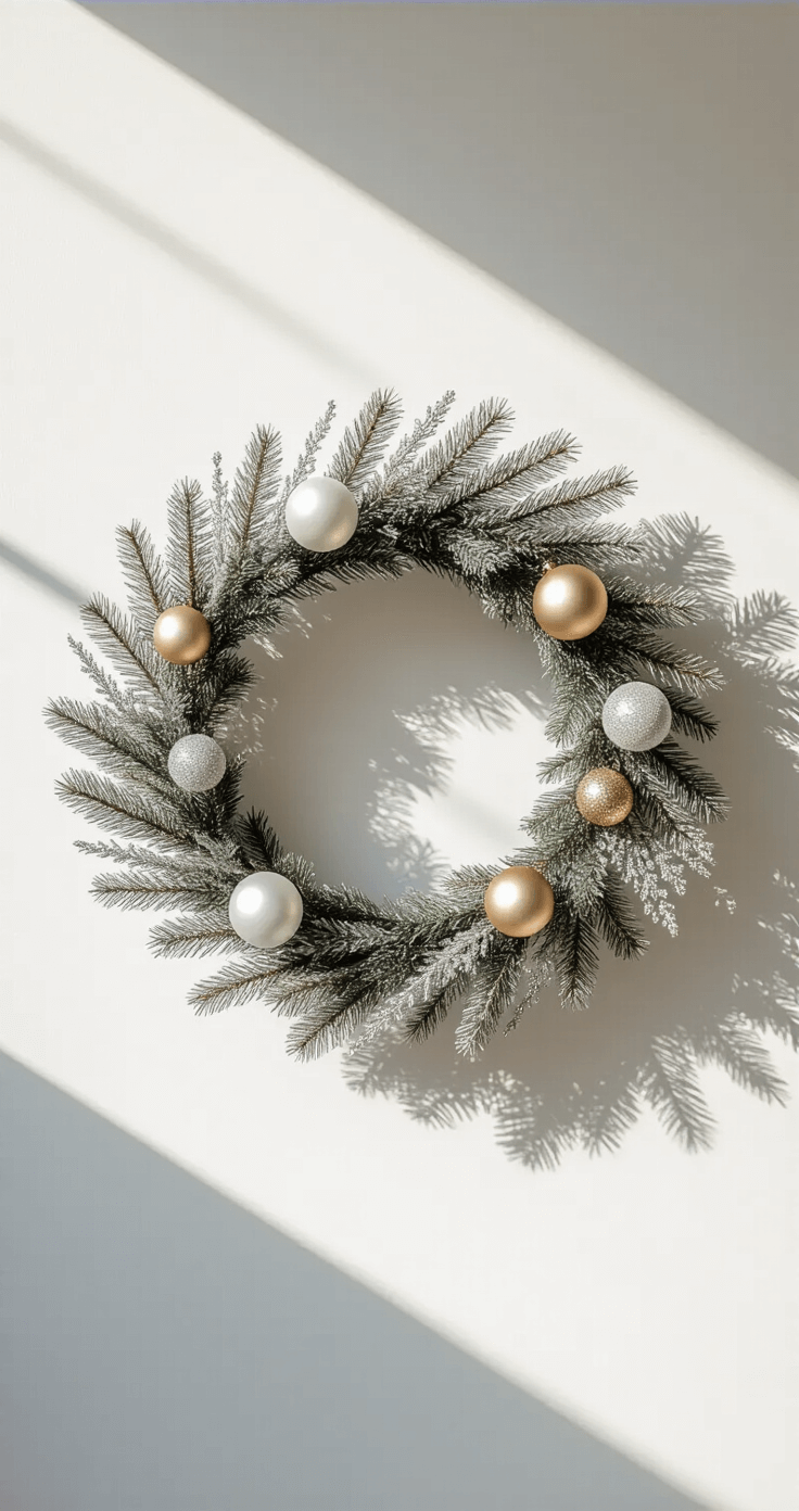 A modern minimalist Christmas wreath featuring a geometric wire frame adorned with monochromatic white and silver evergreen branches, oversized champagne gold ornaments, and dramatic side lighting that casts sculptural shadows on a sleek white architectural wall.