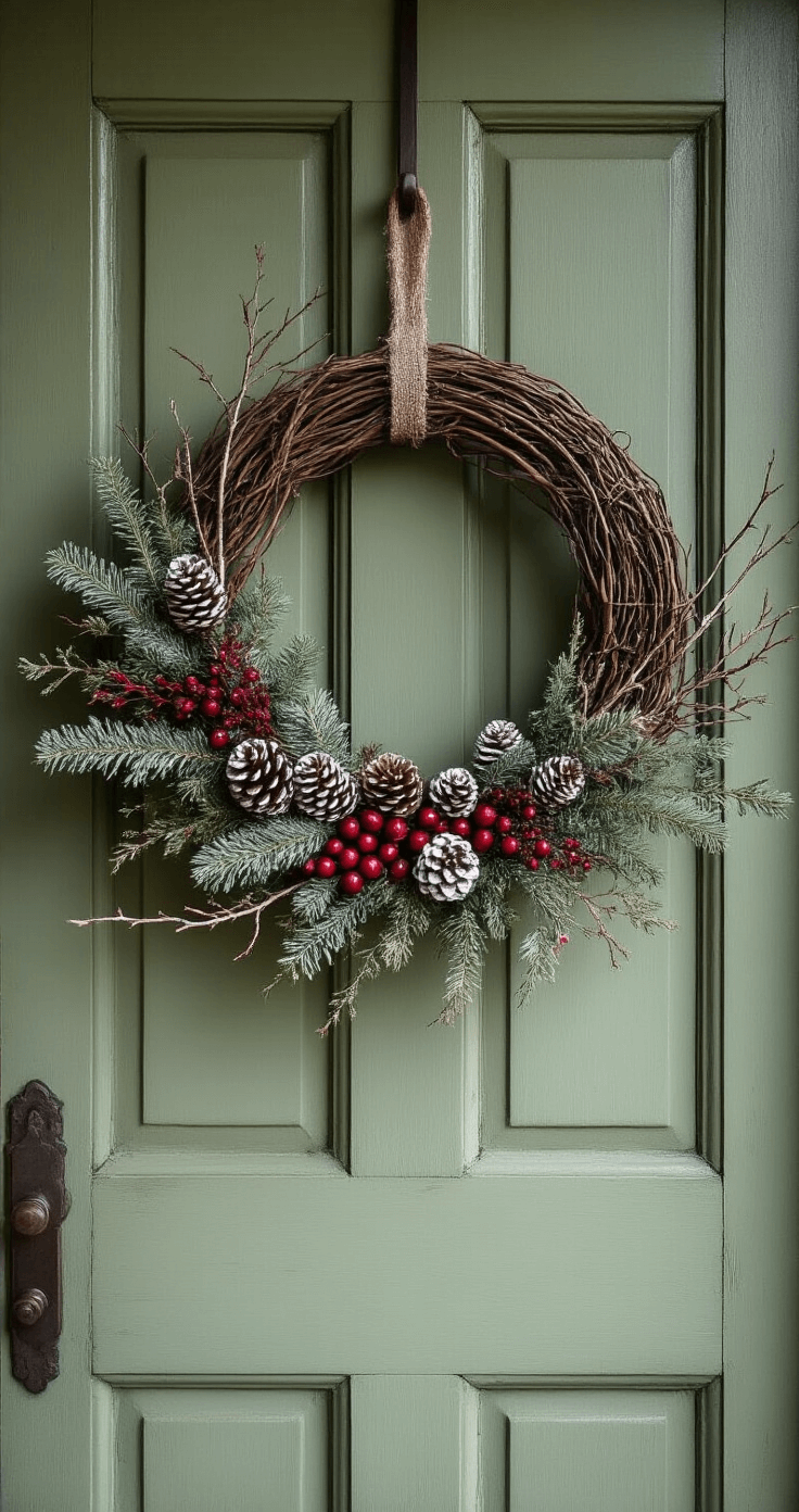 A vintage-inspired winter wreath made of foraged elements such as silvery eucalyptus, burgundy holly berries, white-sprayed pine cones, and bare branches, hangs on a weathered sage green door in soft morning light. The wreath features a grapevine base with a handcrafted feel and a muted color palette of deep burgundy, dusty pink, and silvery greens, highlighting organic textures and subtle seasonal elegance.