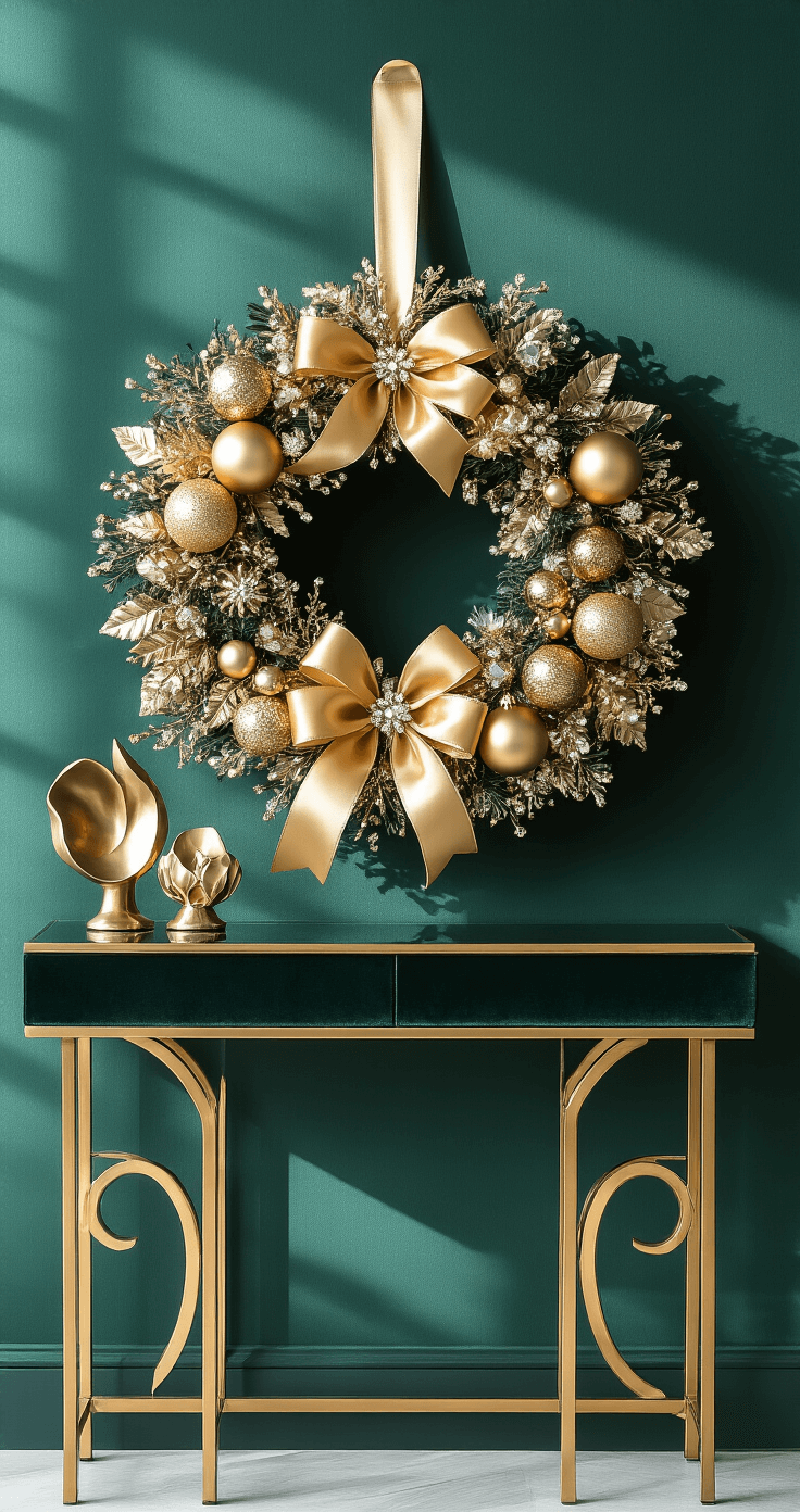A modern glam holiday wreath adorned with metallic gold ornaments, crystal accents, and luxurious silk ribbon, displayed against a dark emerald green velvet wall. The scene features dramatic side lighting that highlights the sparkle of glass and metallic elements, paired with a contemporary brass side table showcasing an abstract sculptural piece, all in a rich jewel tone color palette.