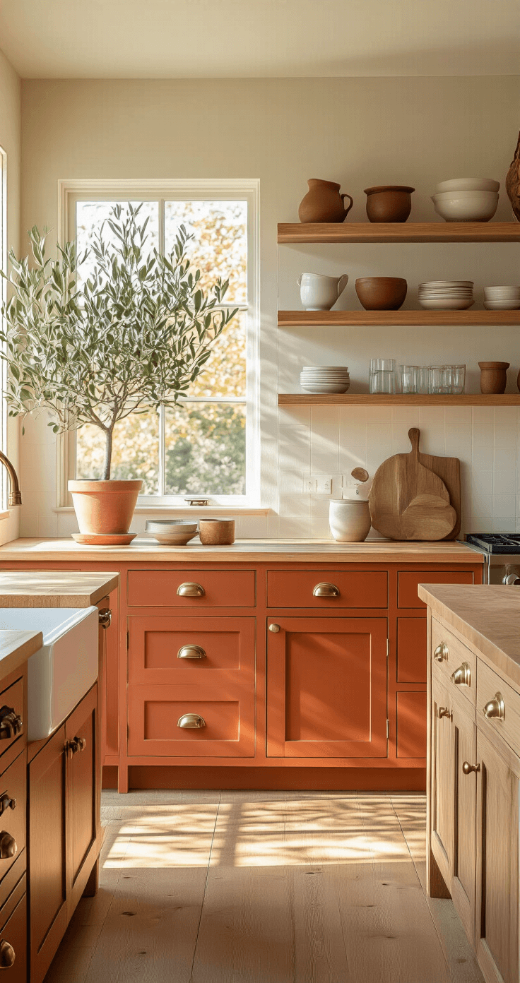 A warm kitchen scene with terracotta lower cabinets, white oak upper cabinets, and a butcher block countertop, illuminated by golden hour sunlight. Vintage brass cabinet pulls and open shelving with ceramic and glass accessories enhance the inviting atmosphere, while a potted olive tree adds a touch of nature. The image is shot from a diagonal perspective, emphasizing a soft focus and warm color palette.