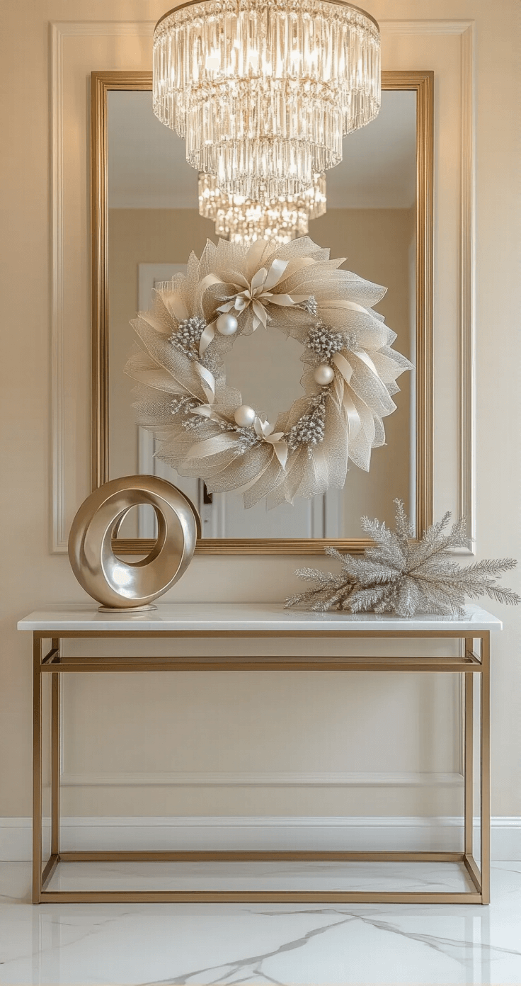 Elegant home entryway featuring a neutral-toned Christmas mesh wreath on a sleek console, with a large gilded mirror, marble floor, and softly illuminated by a crystal chandelier.