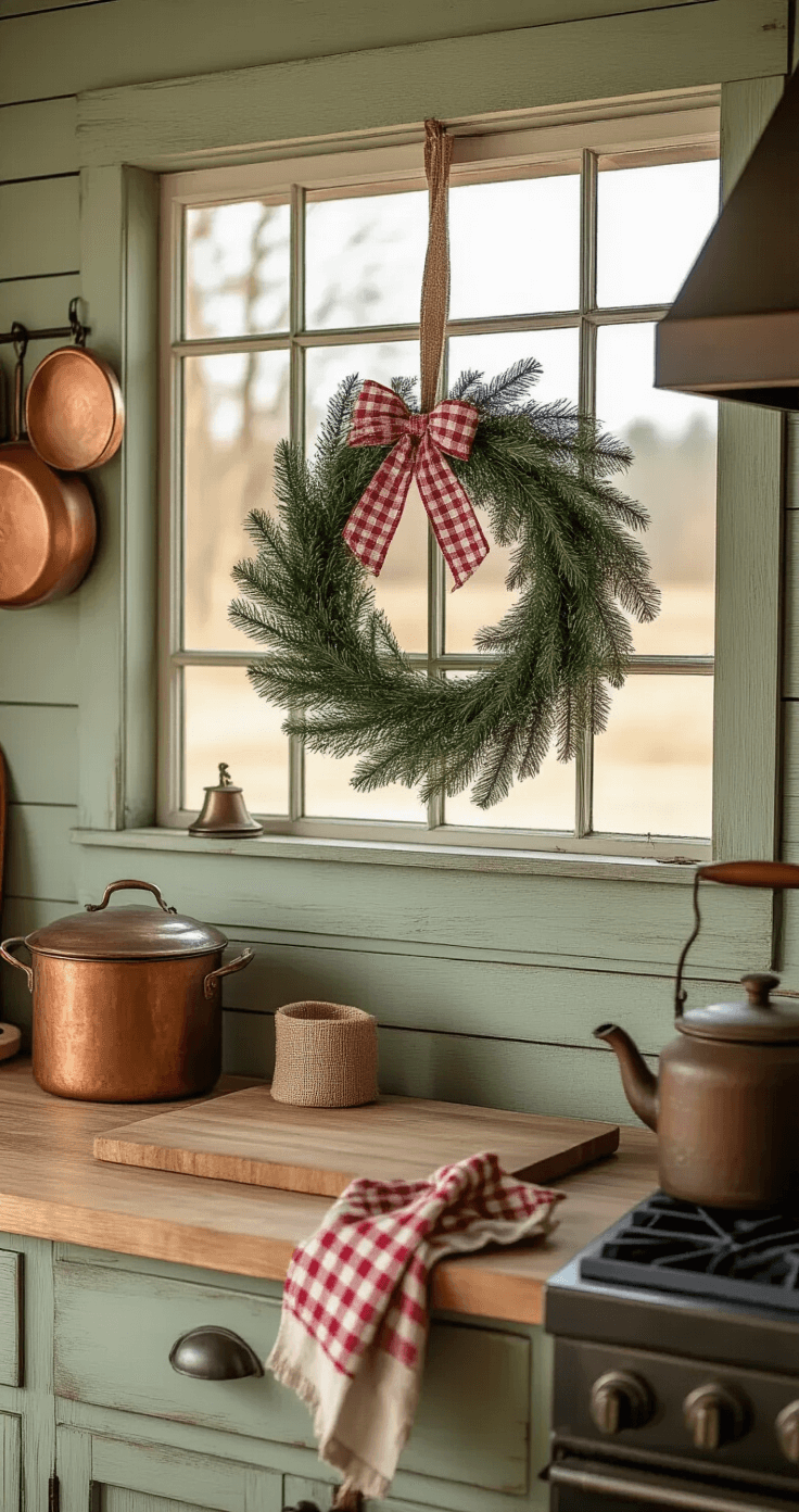 A rustic farmhouse kitchen with a handmade Christmas mesh wreath in red and white buffalo check against a distressed sage green shiplap wall, vintage copper pots hanging nearby, and a worn wooden cutting board on an aged butcher block island, illuminated by soft natural light from a large industrial-style window, highlighting the wreath's texture and kitchen details.