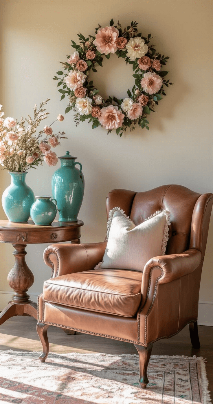 A beautifully arranged living room corner highlighting a blush pink and cognac leather western-themed decor, featuring a floral wreath, turquoise ceramic vases, and antique horse bit accents, with a vintage leather armchair and polished wooden side table, bathed in soft afternoon sunlight.
