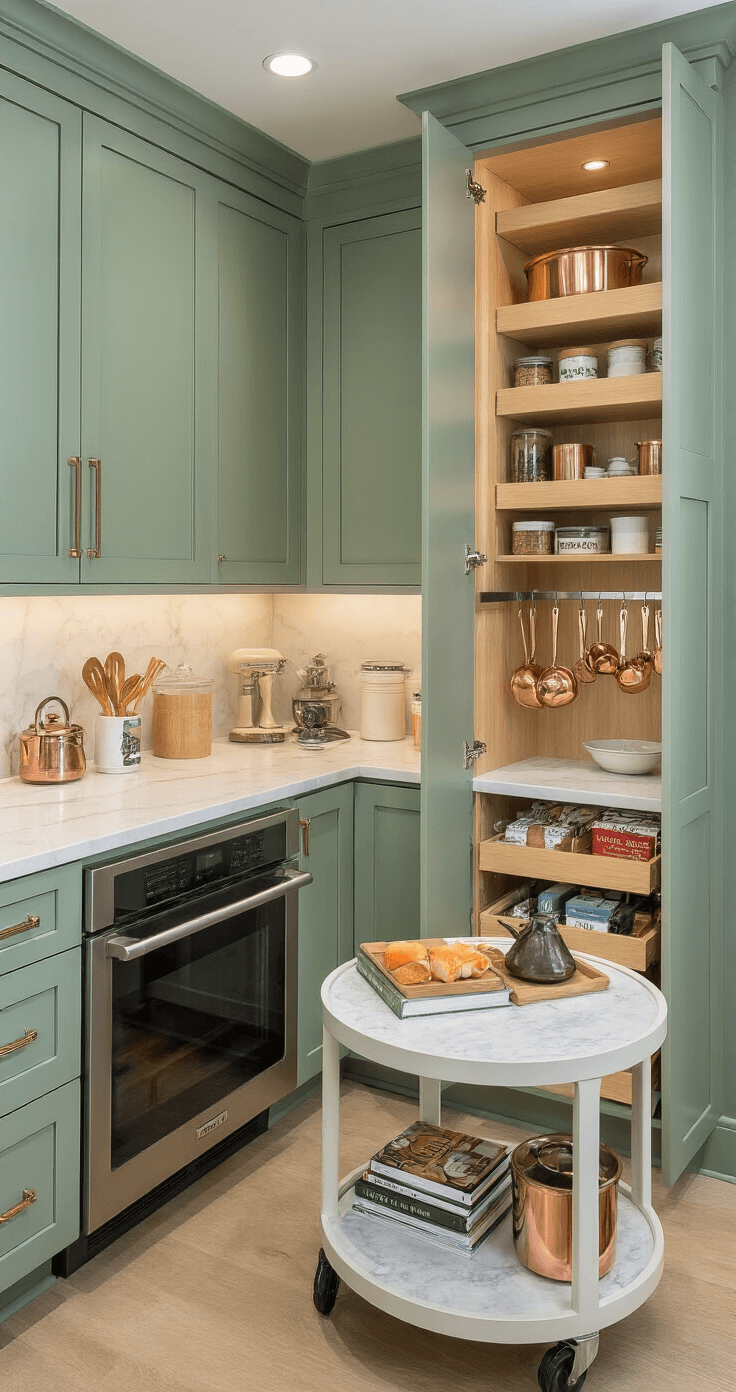 Compact kitchen corner with custom sage green cabinetry, featuring pull-out pantry organizers, bamboo drawer dividers, a marble-top rolling cart with cookbooks, and recessed LED lighting, showcasing an elegant storage solution.