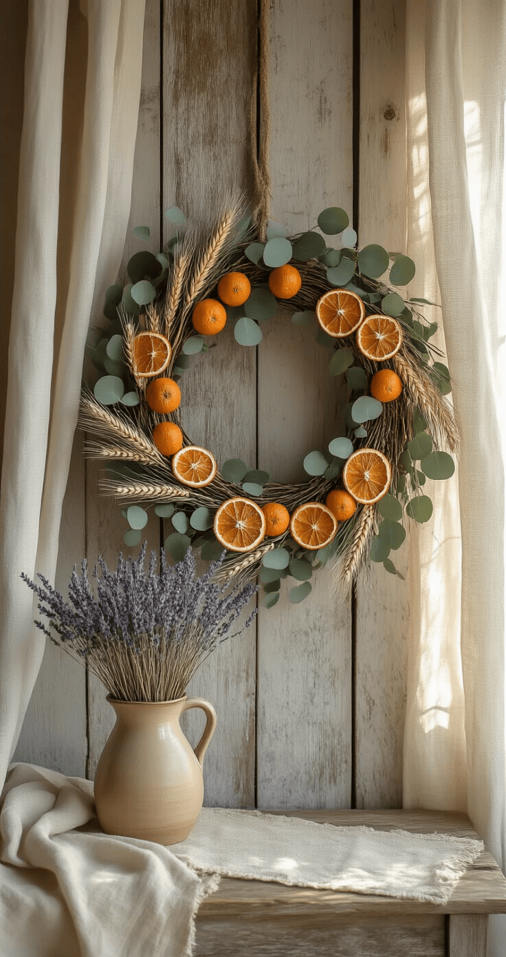 A foraged wreath made of dried oranges, eucalyptus, and wheat stalks hangs on a weathered barn wood wall, illuminated by soft morning light filtering through linen curtains. A rustic ceramic pitcher filled with dried lavender sits beside a textured linen runner, all set in a neutral color palette of warm browns, sage greens, and soft cream, showcasing intricate textures and organic materials.