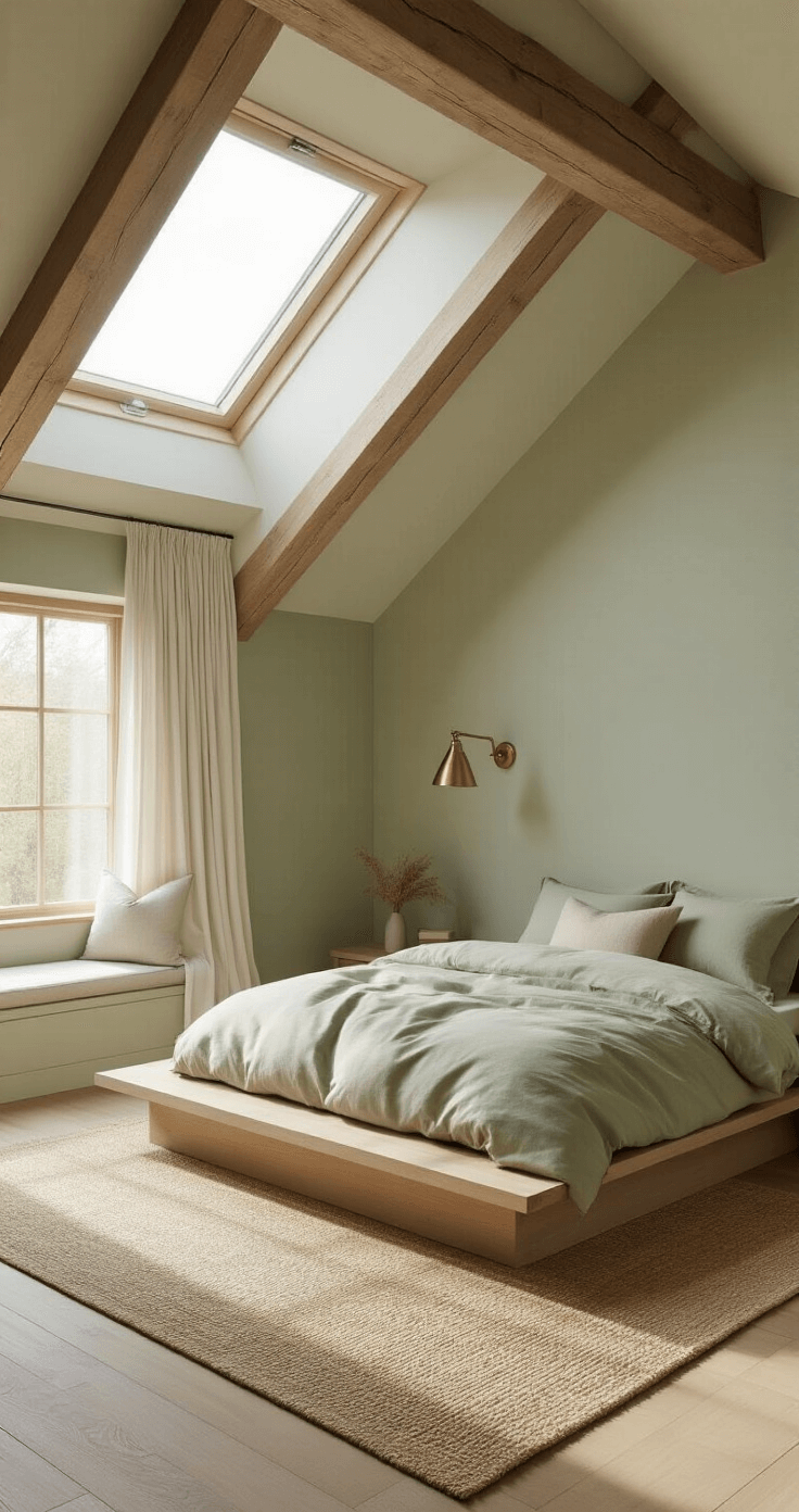 Ultra-realistic attic bedroom featuring a soft sage green palette, natural light from a skylight, a low-profile platform bed, white-exposed wooden beams, cream linen curtains, a natural fiber rug, a brass wall sconce, and a built-in window seat, all emphasizing depth and texture in the design.