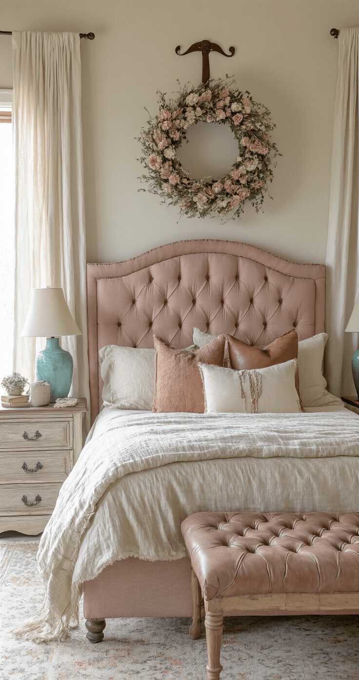 Elegantly styled bedroom with a tufted dusty rose headboard and western-inspired wreath, featuring vintage horse bit wall art, distressed wooden nightstands, and soft morning light filtering through linen curtains, complemented by turquoise ceramic accents and layered textures of linen, leather, and burlap.