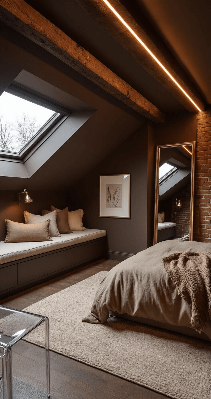 A moody attic bedroom featuring chocolate brown accents, dimmable LED strip lights along the ceiling beams, and low-height furniture. A lucite acrylic chair is positioned near a dormer window, complemented by a full-length mirror that reflects soft lighting. Minimal artwork in metallic brass frames adorns the walls, while linen bedding in warm cream tones adds coziness. An exposed brick chimney serves as the focal point, and a carefully styled reading nook with a cushioned window seat enhances the tranquil atmosphere, accentuated by rich textures and cinematographic lighting that highlights architectural details.