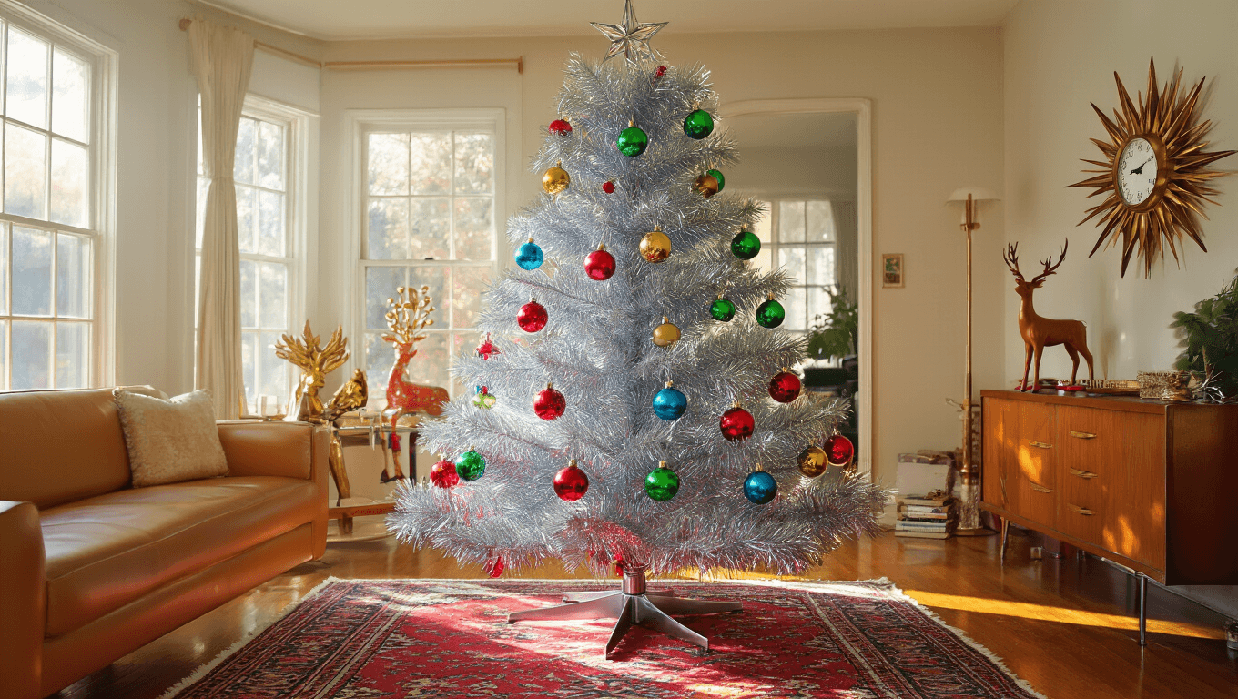 A 1960s aluminum Christmas tree with colorful Shiny Brite ornaments and large glowing bulbs, set in a mid-century living room featuring a tan leather sofa and atomic starburst clock, casting vibrant shadows in warm sepia tones.
