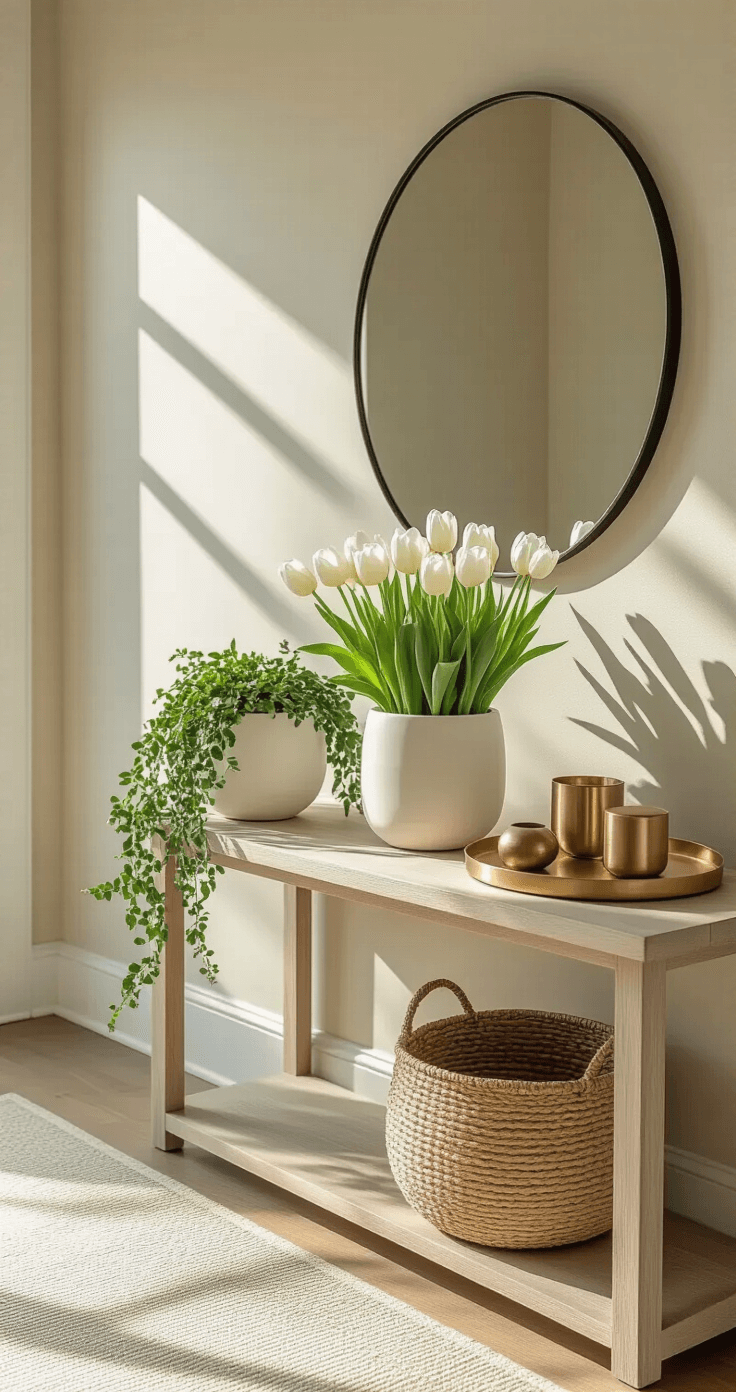 A stylish spring entryway vignette featuring a narrow console table adorned with a white ceramic planter of fresh tulips, a brass tray with decorative objects, and an oversized round mirror with a thin black frame. Soft morning light casts gentle shadows on a natural linen runner with a subtle geometric pattern, alongside a handwoven basket filled with trailing greenery, all presented in a neutral color palette of cream, sage, and warm wood tones.