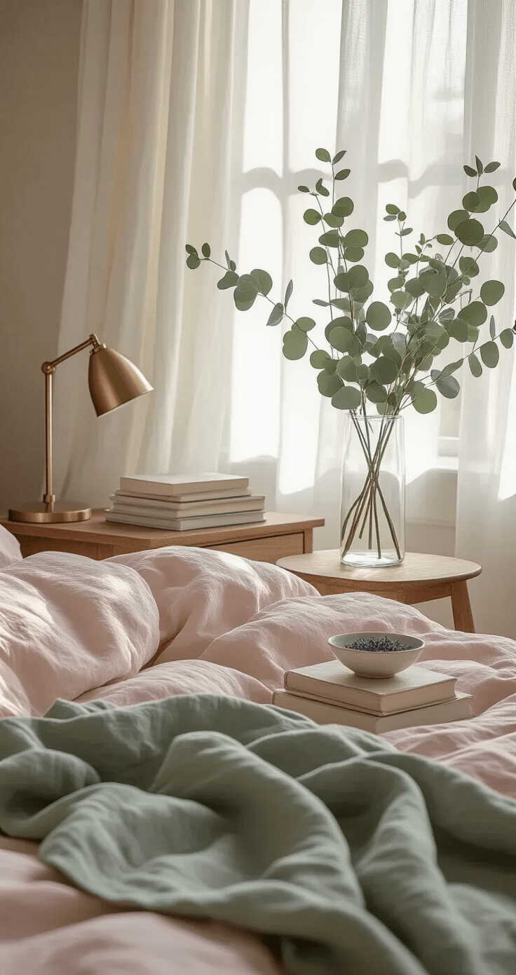 Serene bedroom vignette featuring a blush pink linen duvet, eucalyptus branches in a tall glass vase, and morning light filtering through sheer curtains, with a wooden nightstand holding a brass lamp, watercolor-edged books, and a ceramic dish of dried lavender. A sage green throw is draped casually, captured from an angled perspective.