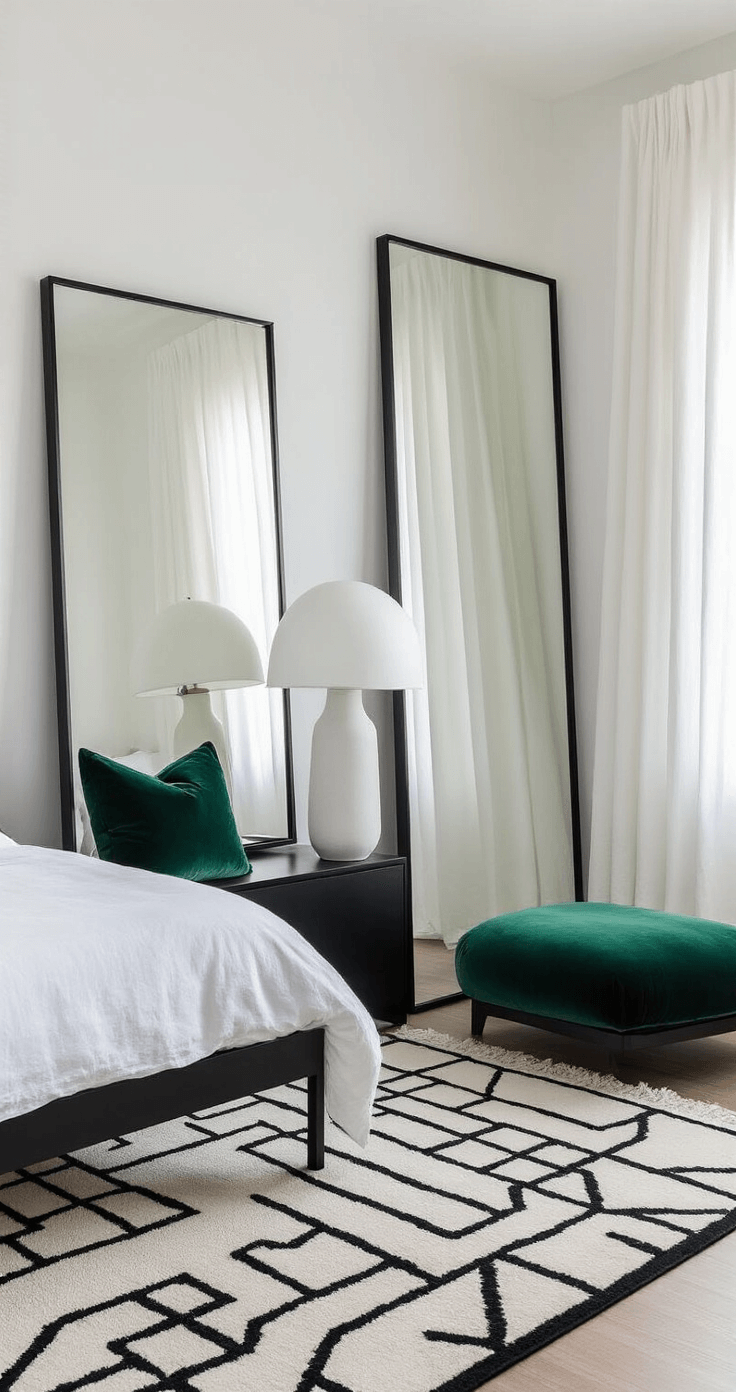 A modern small bedroom with white walls and black design elements, featuring a thin black metal bed frame, white linen bedding, a large floor-length mirror, minimalist black metal bedside table, white ceramic table lamp with a matte black base, and an emerald green throw pillow. Natural light filters through sheer curtains onto a geometric black and white area rug, creating an elegant, uncluttered space.