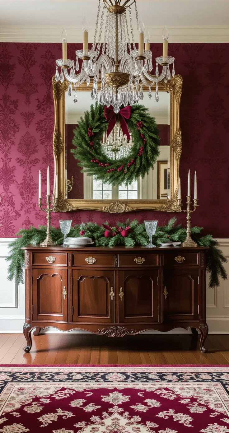 Elegant dining room with a Christmas wreath above an antique mahogany sideboard, featuring a crystal chandelier, burgundy damask wallpaper, formal place settings with fine china, and a garland of fresh greenery, all reflected in an ornate gilded mirror, with soft evening lighting enhancing the luxurious details and jewel tones.