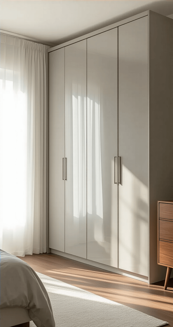 Ultra-modern bedroom featuring a floor-to-ceiling sliding mirrored wardrobe in soft dove gray against a textured white plaster wall, illuminated by early morning light through sheer white curtains, highlighting polished hardwood floors and a mid-century modern walnut dresser nearby.