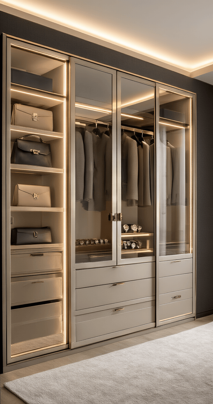 Luxurious master bedroom wardrobe with mirrored champagne-tinted sliding doors, set against a deep charcoal wall, featuring integrated accessory trays and soft leather-like finishes, illuminated display of handbags and watches, captured in sophisticated interior design photography.