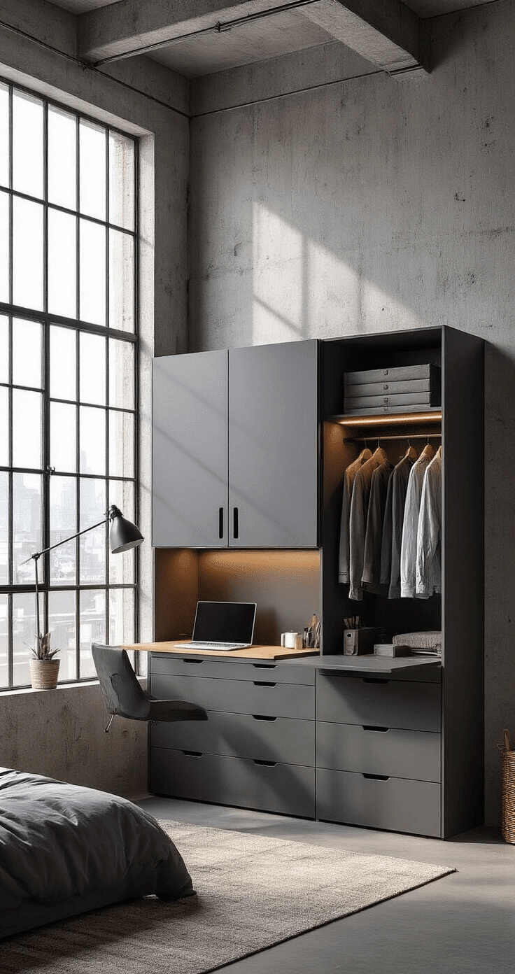Compact urban loft bedroom showcasing a matte graphite modular wardrobe system with a fold-down desk, set against an industrial concrete wall, emphasizing innovative storage solutions and minimalist design, illuminated by morning light from large windows.