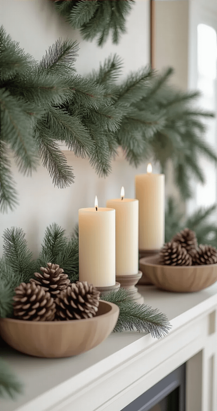Sophisticated fireplace mantel styled with asymmetrical faux evergreen garland, three varying-height pillar candles in the center, and wooden bowls with pinecones at each end, set in soft cream and charcoal gray tones, bathed in subdued afternoon light that highlights the textures and warm winter ambiance.